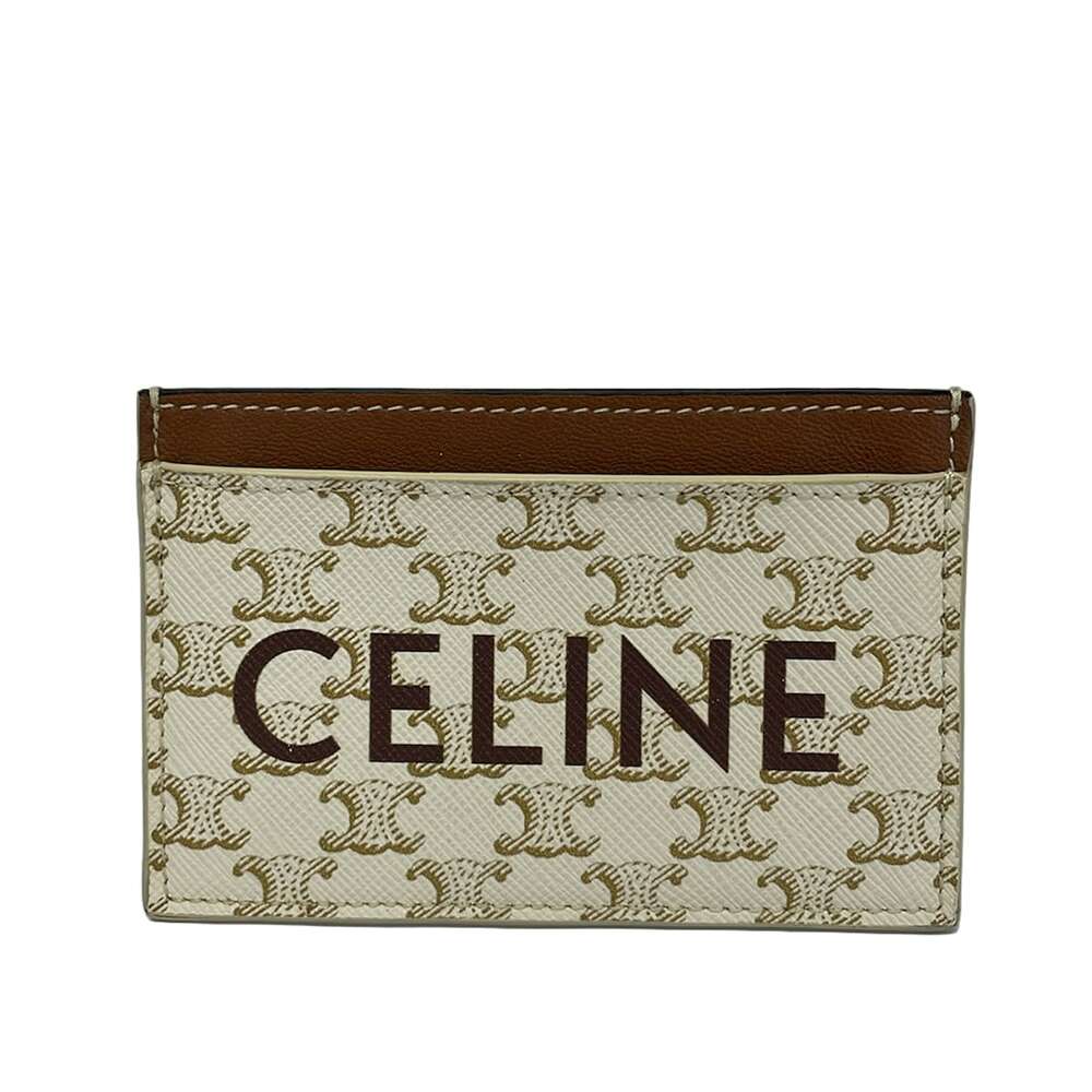 Celine Triomphe Canvas Card Case Cream Beige Brown PVC Leather